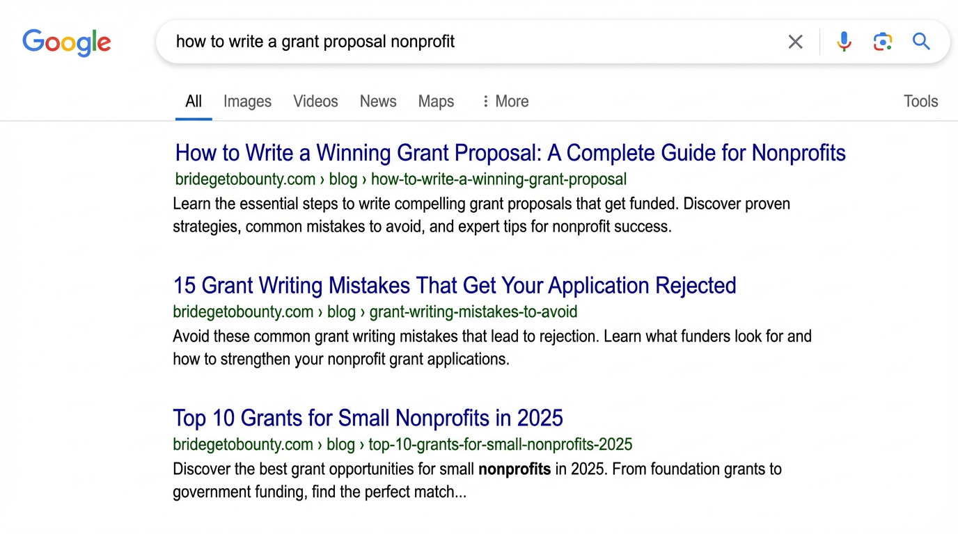 Agent Grant blog posts appearing in Google search results for nonprofit grant writing queries